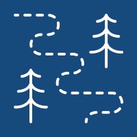 An illustration of a dotted trail through two trees on a blue background.