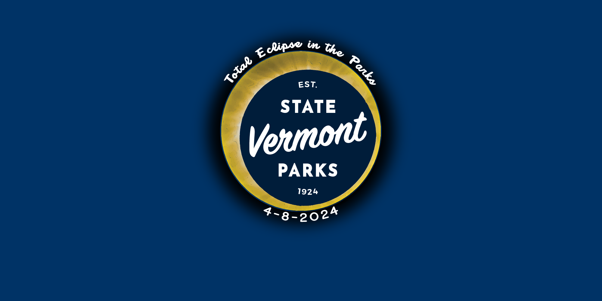 An image of the sun eclipsed by the Vermont State Parks Logo. On the edge of the circle, the text reads Total Eclipse in the Parks 4-8-2024.